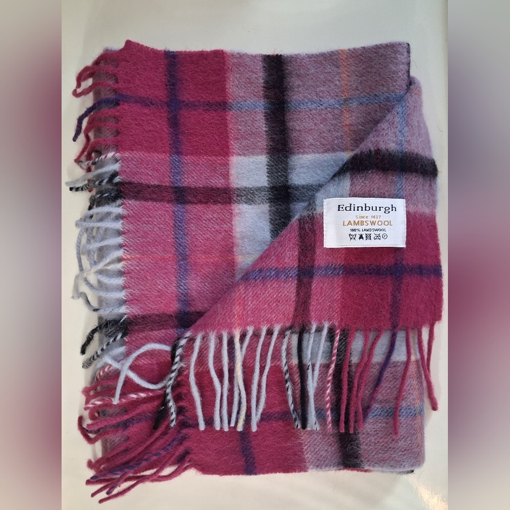 Edinburgh 100% Lambswool Purple, Navy, Yellow, & Light Blue Plaid Fringe Scarf